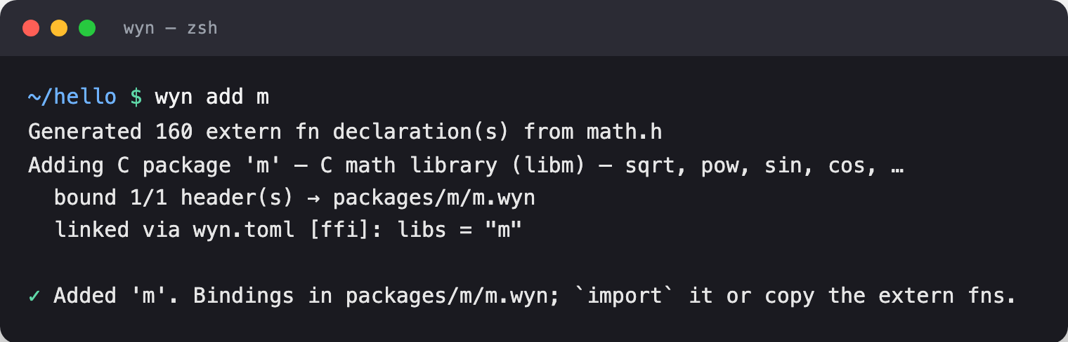 wyn add m generating 160 extern fn bindings from math.h