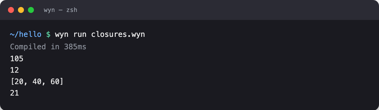 wyn run output of the closures and higher-order-function snippet