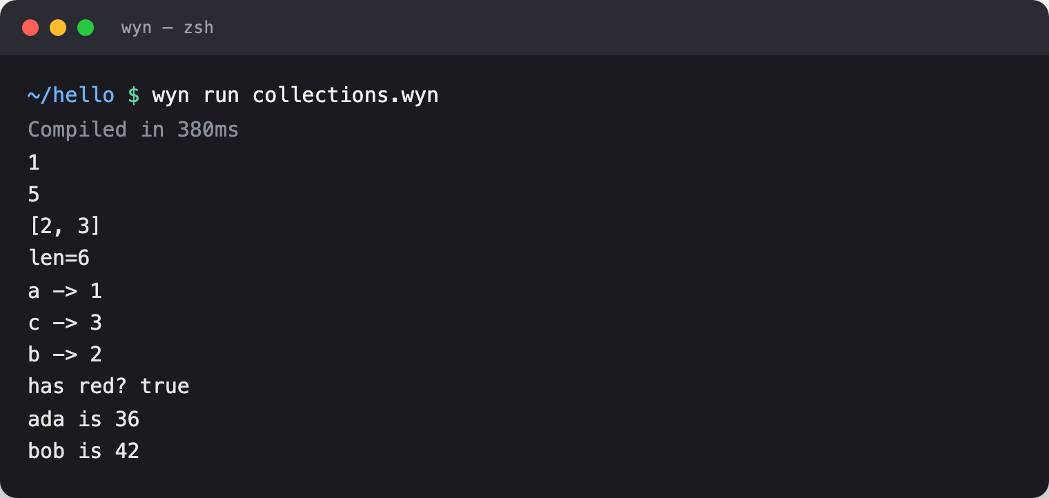 wyn run output of the collections snippet