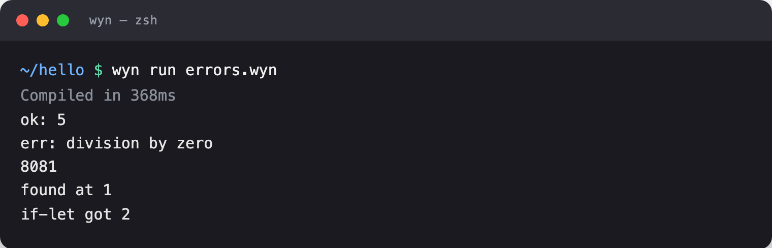 wyn run output of the error-handling snippet