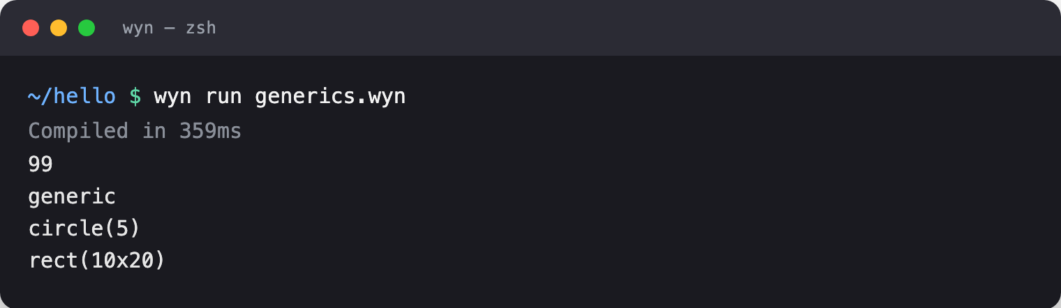wyn run output of the generics and traits snippet
