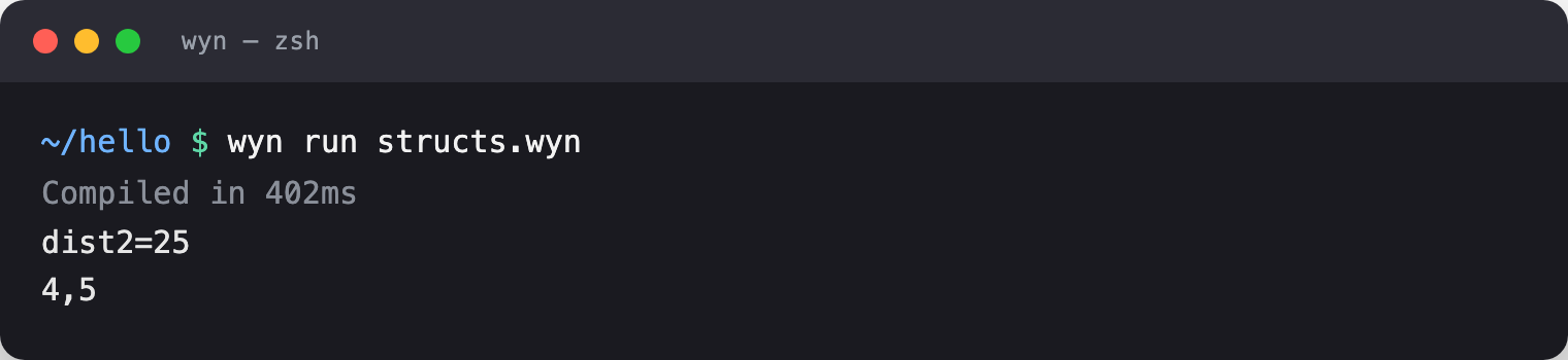 wyn run output of the structs snippet