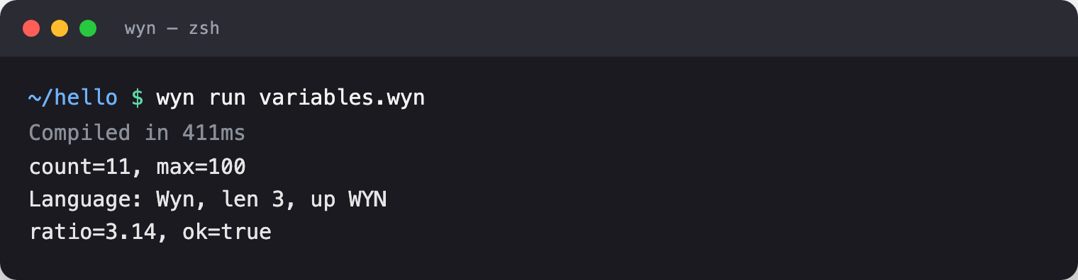wyn run output of the variables snippet